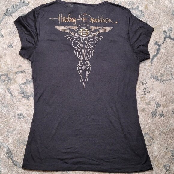 Harley-Davidson Black & Gold Embellished V-Neck Tee – Size XL - Picture 2 of 12